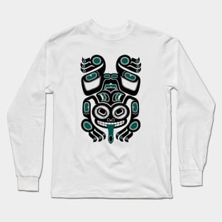 Teal Blue and Black Haida Spirit Tree Frog Long Sleeve T-Shirt